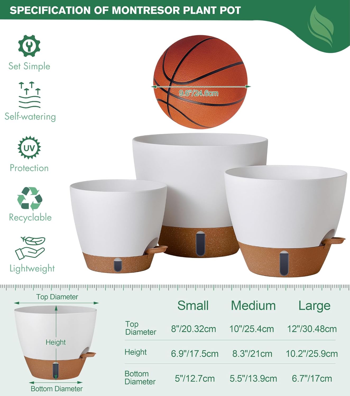 montresor 12/10/8 Inch Self Watering Pots for Indoor Plants Plastic Large Pot for Outdoor Plants