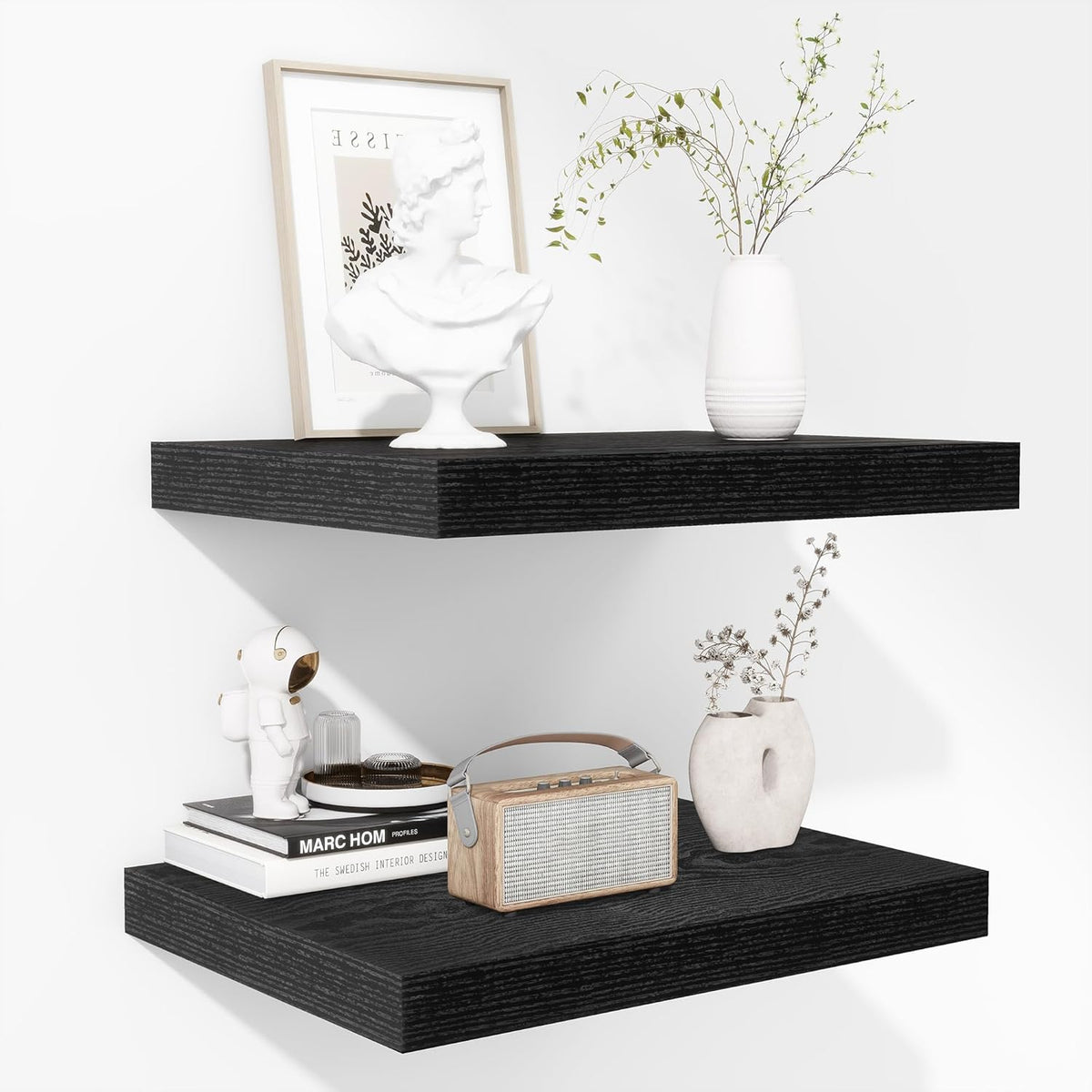 Fun Memories Floating Shelves - 2 Pack 12 Inch Deep Rustic Wooden Wall Shelves - Extra Deeper &