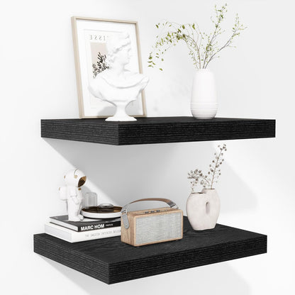 Fun Memories Floating Shelves - 2 Pack 12 Inch Deep Rustic Wooden Wall Shelves - Extra Deeper &