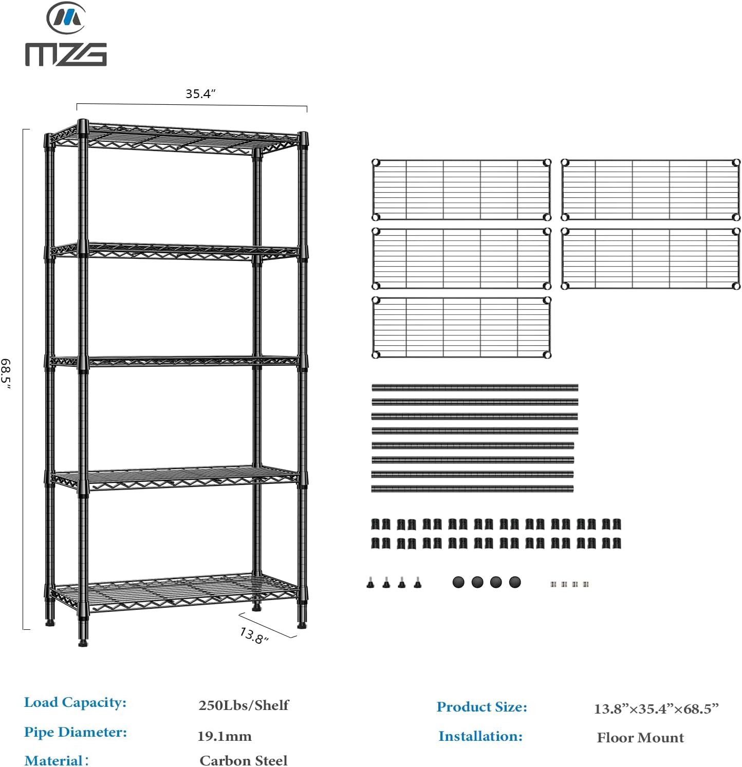 1250 lbs 5 Tier Shelf Metal Storage Shelves Shelving Wire Rack Heavy Duty Closet Organizers for