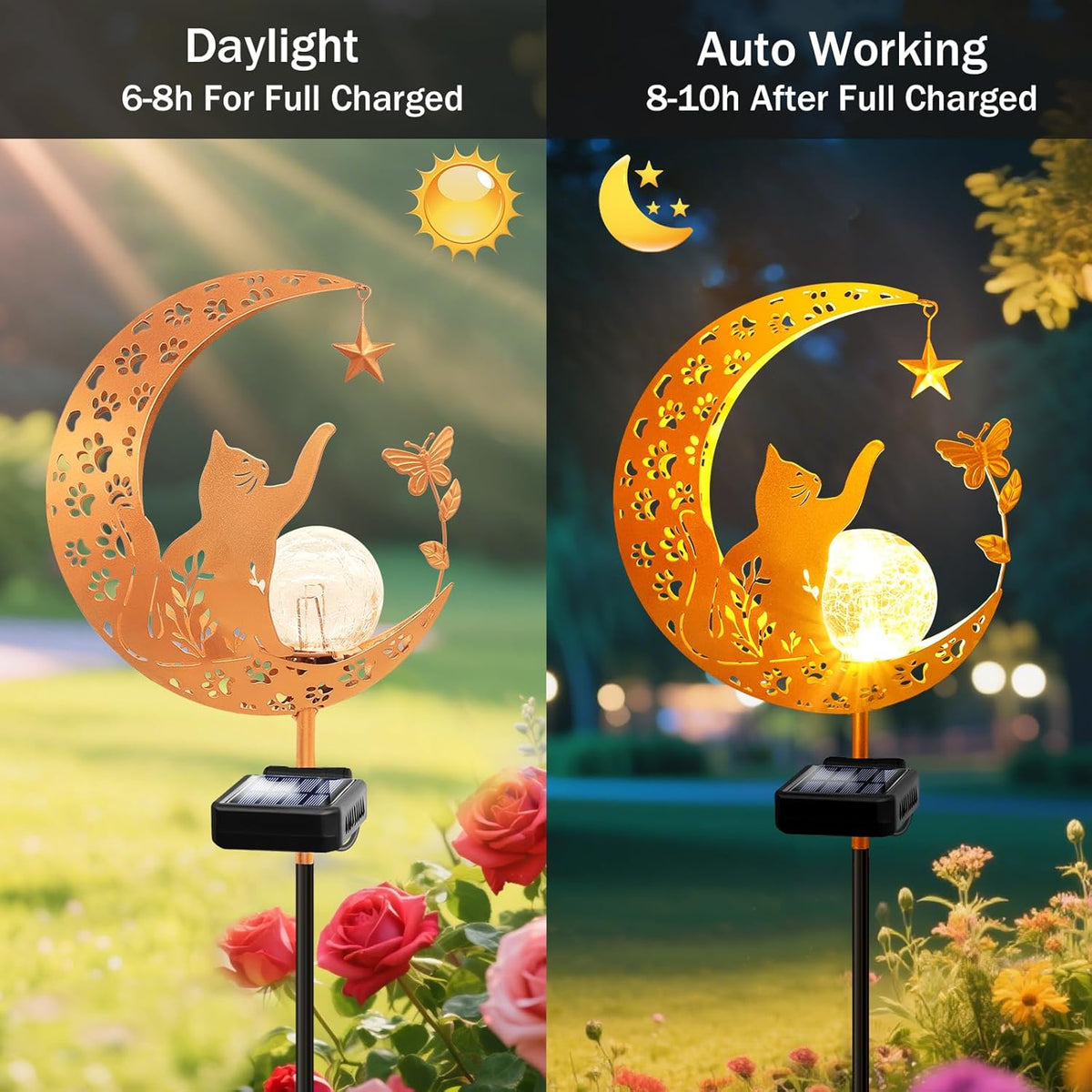 YJFWAL Garden Solar Cat Lights Pathway Stake Lights Glass Globe with Moon Cat Decor, Gifts for Mom