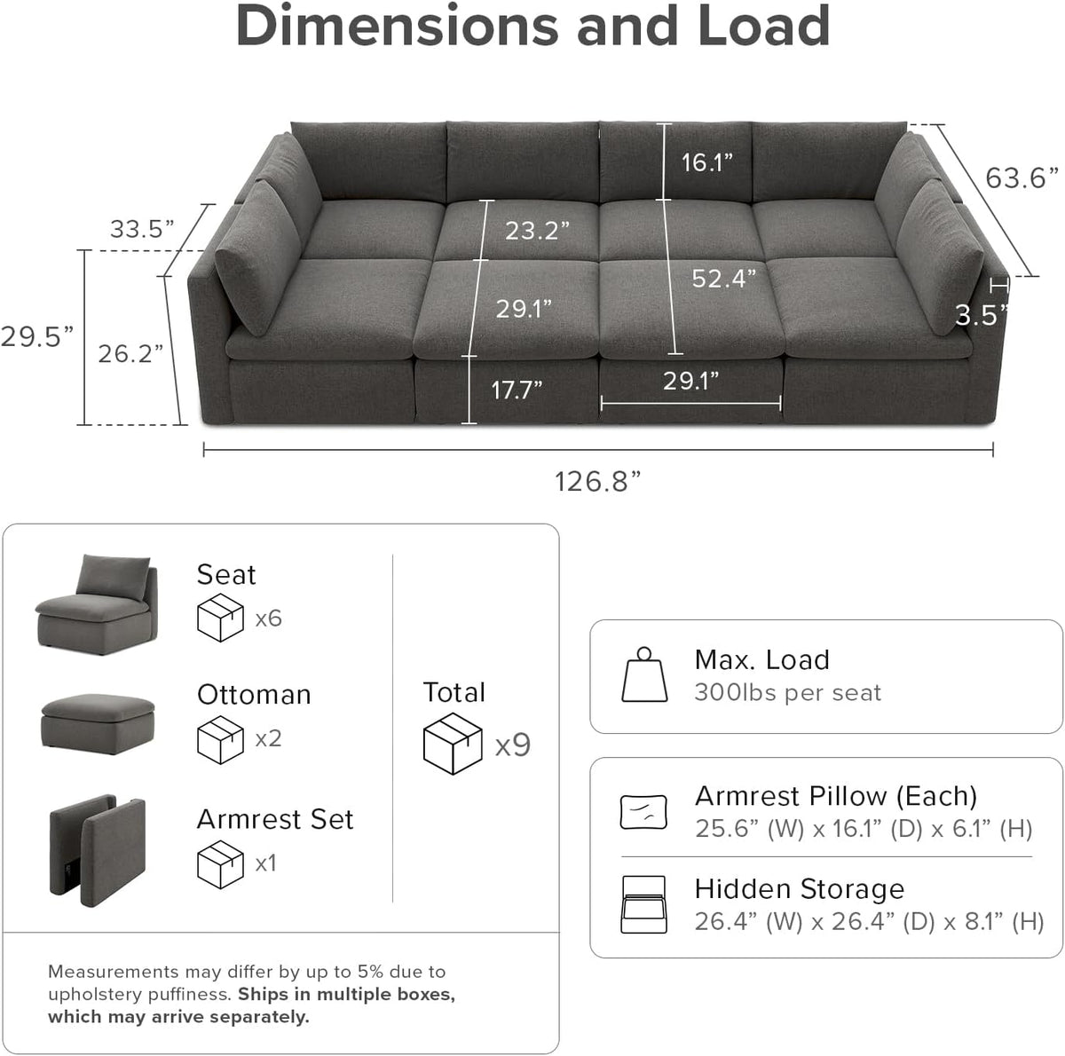 mopio Oversized Modular Sectional Sofa with Fully Removable Covers and Storage, Convertible U