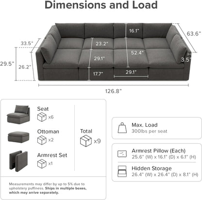 mopio Oversized Modular Sectional Sofa with Fully Removable Covers and Storage, Convertible U