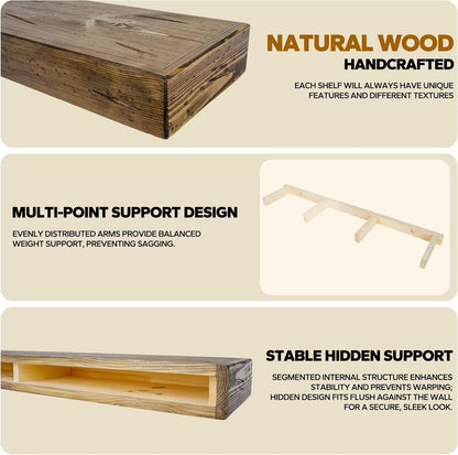 Floating Shelves 3 inch Thick for Wall Set of 2,Solid Pine Wood Wall Mount Shelf for Kitchen Living