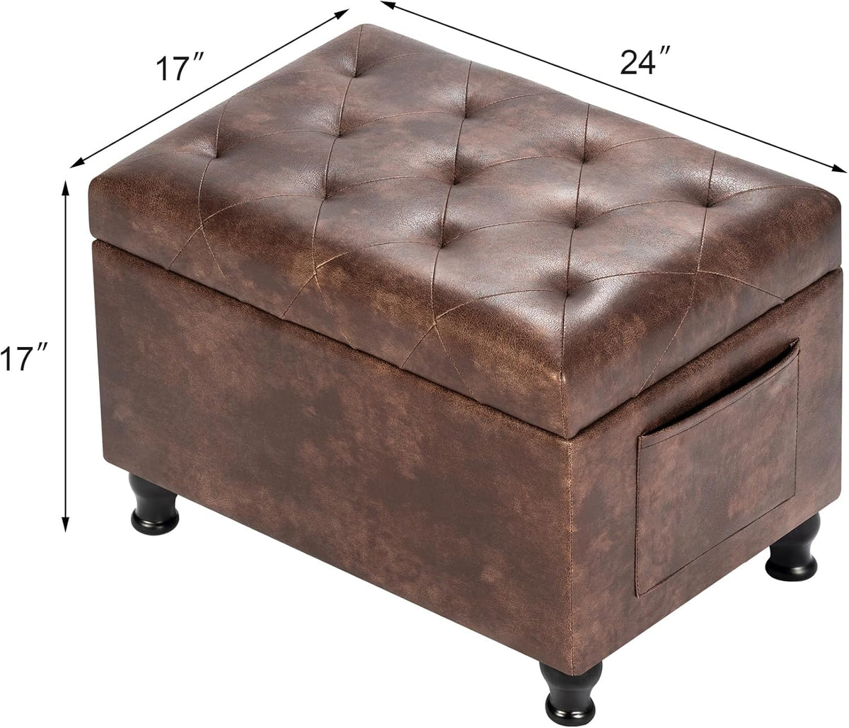 Leather Storage Ottoman Bench Rectangle 24 Inch Foot Rest Ottomans Stool for Living Room