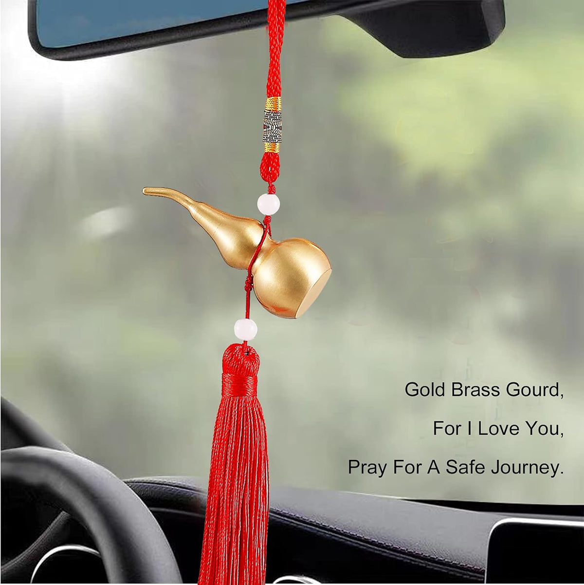 Feng Shui Brass Wu Lou Golden Gourd with Red Luck Strip Treasure Pendant for Bedroom,Car Hanging