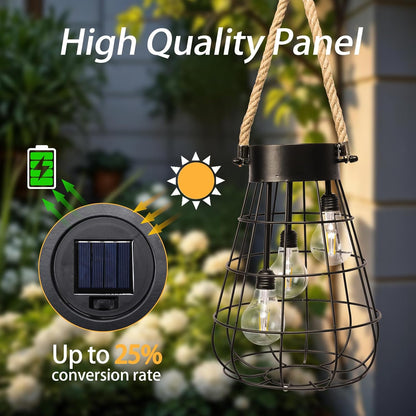 Solar Hanging Lantern with Rope, Vintage Industrial Pendant Light, 12.8" Solar Powered Outdoor