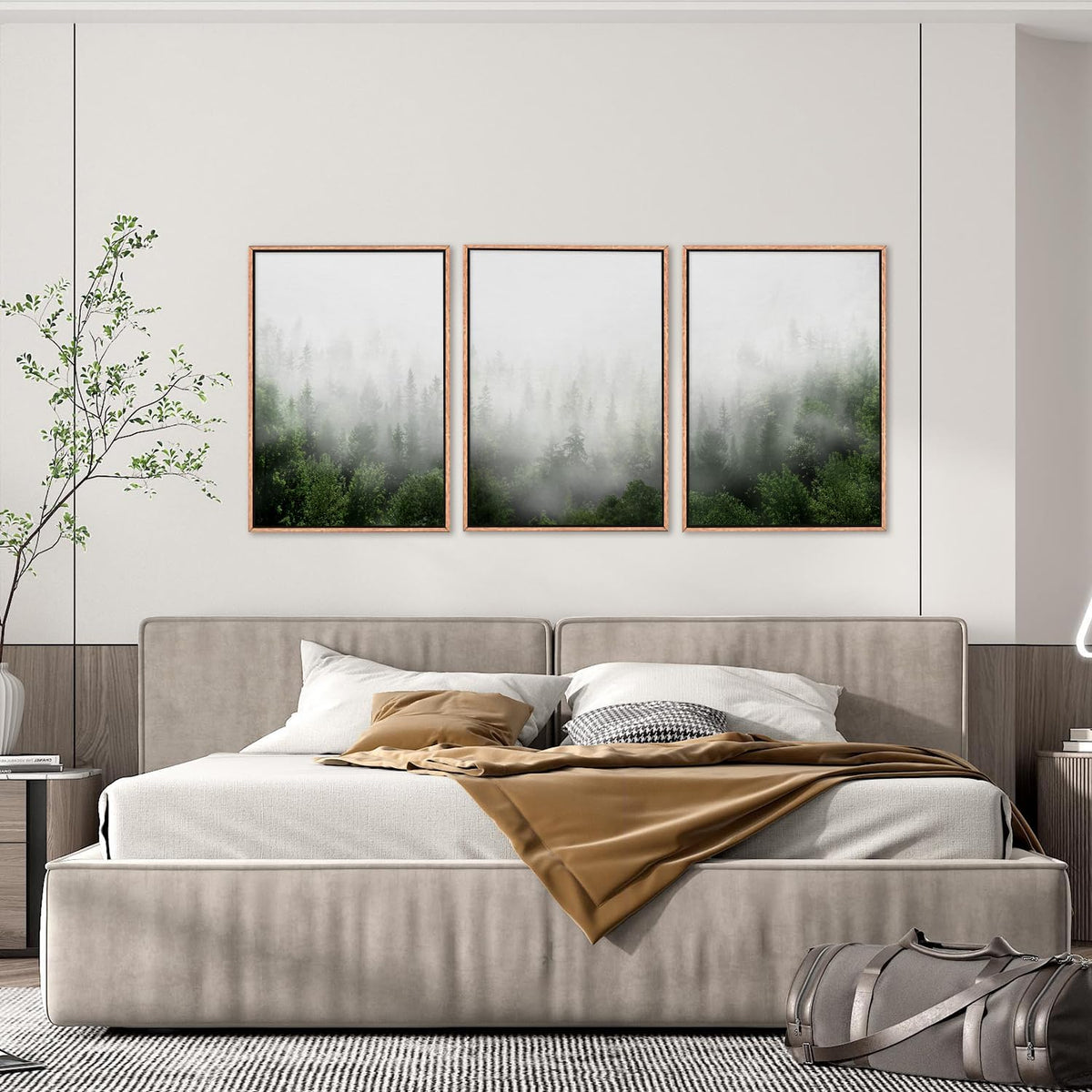 HPINUB Misty Green Forest Framed Canvas Wall Art Set, Nature Scenery Modern Wall Decor, Foggy