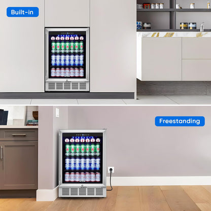 24" Beverage Refrigerator & Cooler, 180 Cans Under Counter Fridge with Lock, Glass Door & Powerful