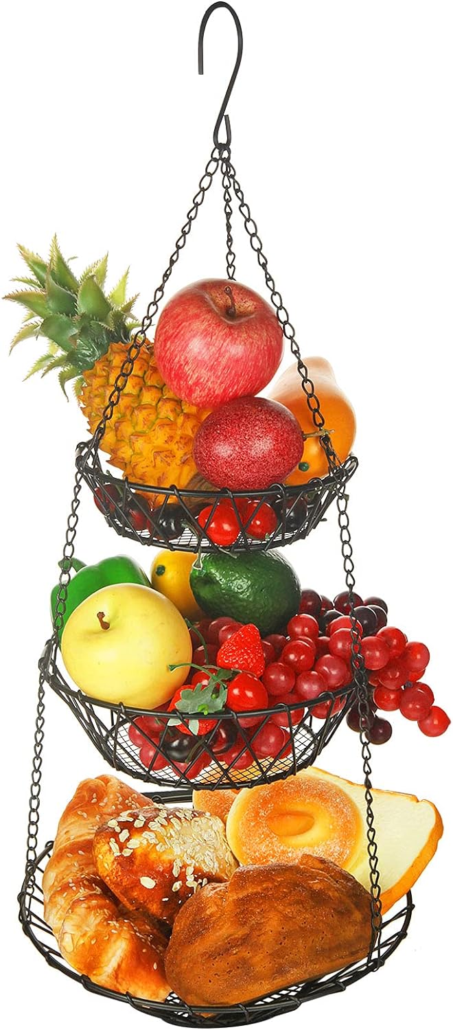 3 Tier Hanging Basket with Sturdy Metal Chain Hanging Hooks Fruit and Vegetable Basket Heavy Duty