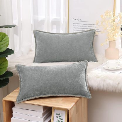 decorUhome Chenille Soft Throw Pillow Covers 12x20 Set of 2, Lumbar Velvet Farmhouse Neutral