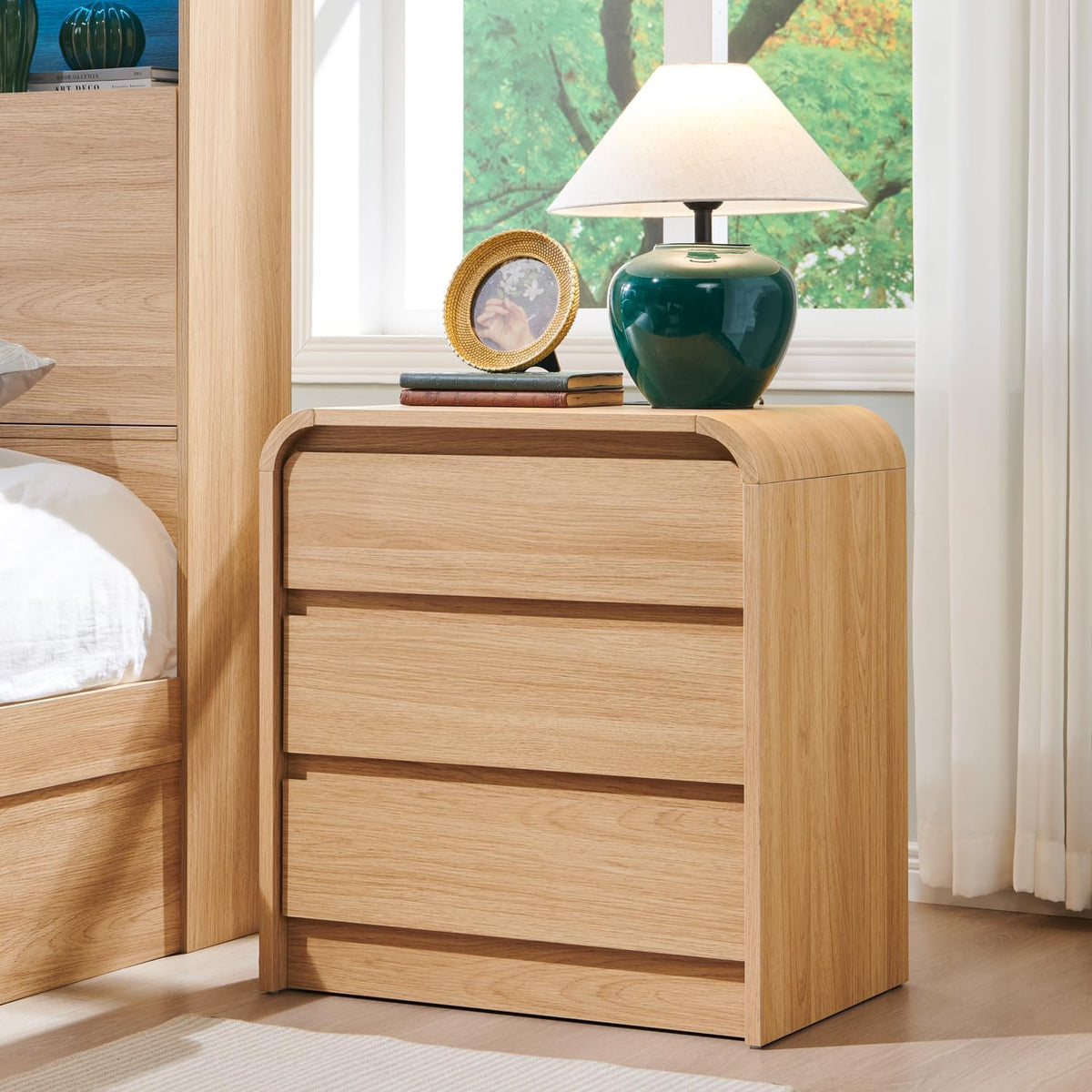 25" Tall Modern Nightstand with Charging Station, 23.6'' Wide Wood Bedside Table w/3 Storage