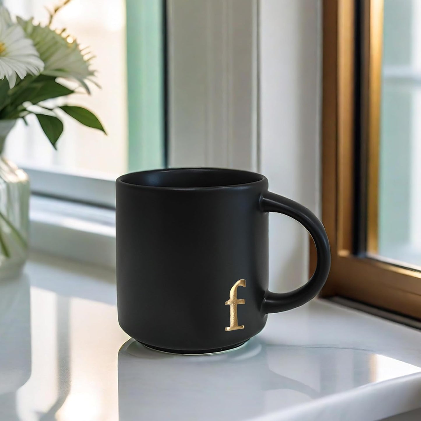 COLLECTIVE HOME - Black Monogram Ceramic Mugs, 15 oz Golden Initial Coffee Cups, Elegant Alphabet