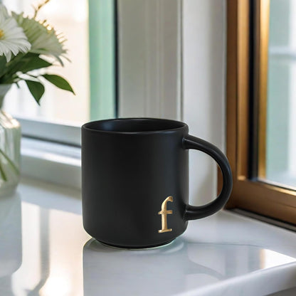 COLLECTIVE HOME - Black Monogram Ceramic Mugs, 15 oz Golden Initial Coffee Cups, Elegant Alphabet