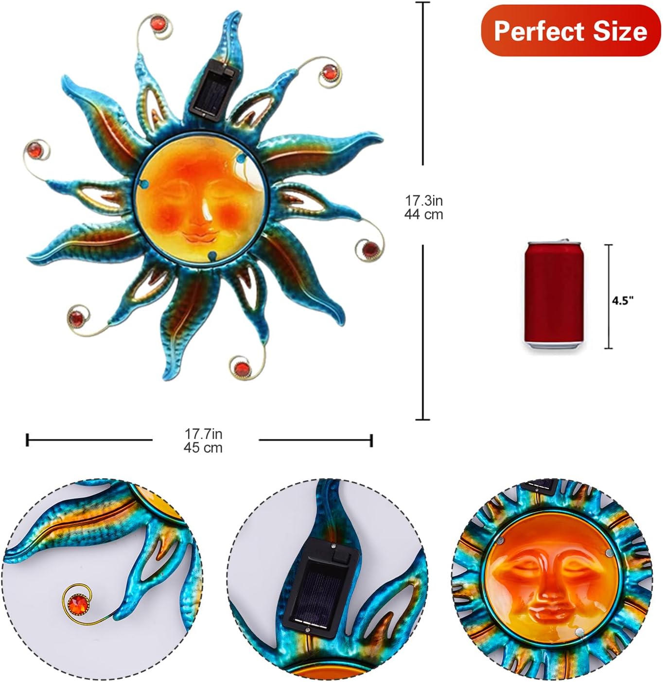 Goodeco Solar Sun Face Wall Art – Metal Outdoor Wall Decor with Solar LED Lights for Garden & Patio