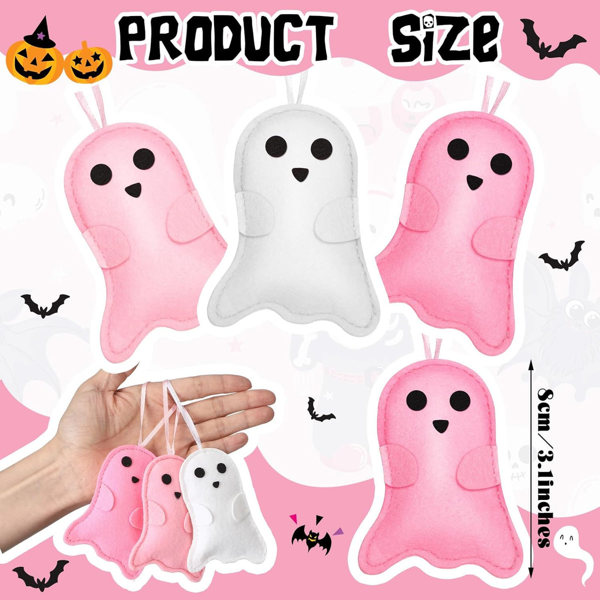 12 Pcs Pink Halloween Felt Ornaments Cute Ghost 3D Hanging Ornaments 3.15 Inch Pink White Halloween