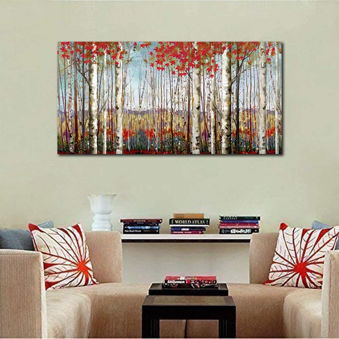 Canvas Wall Art for Living Room Bedroom Modern Wall Decor of Red Leaves White Birch Tree Forest