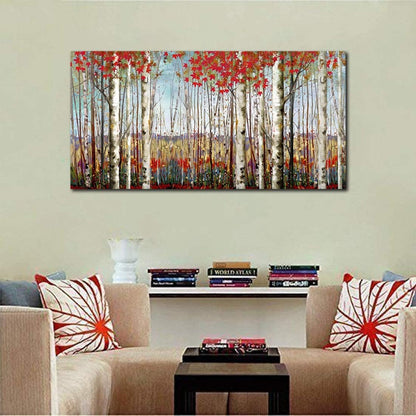 Canvas Wall Art for Living Room Bedroom Modern Wall Decor of Red Leaves White Birch Tree Forest
