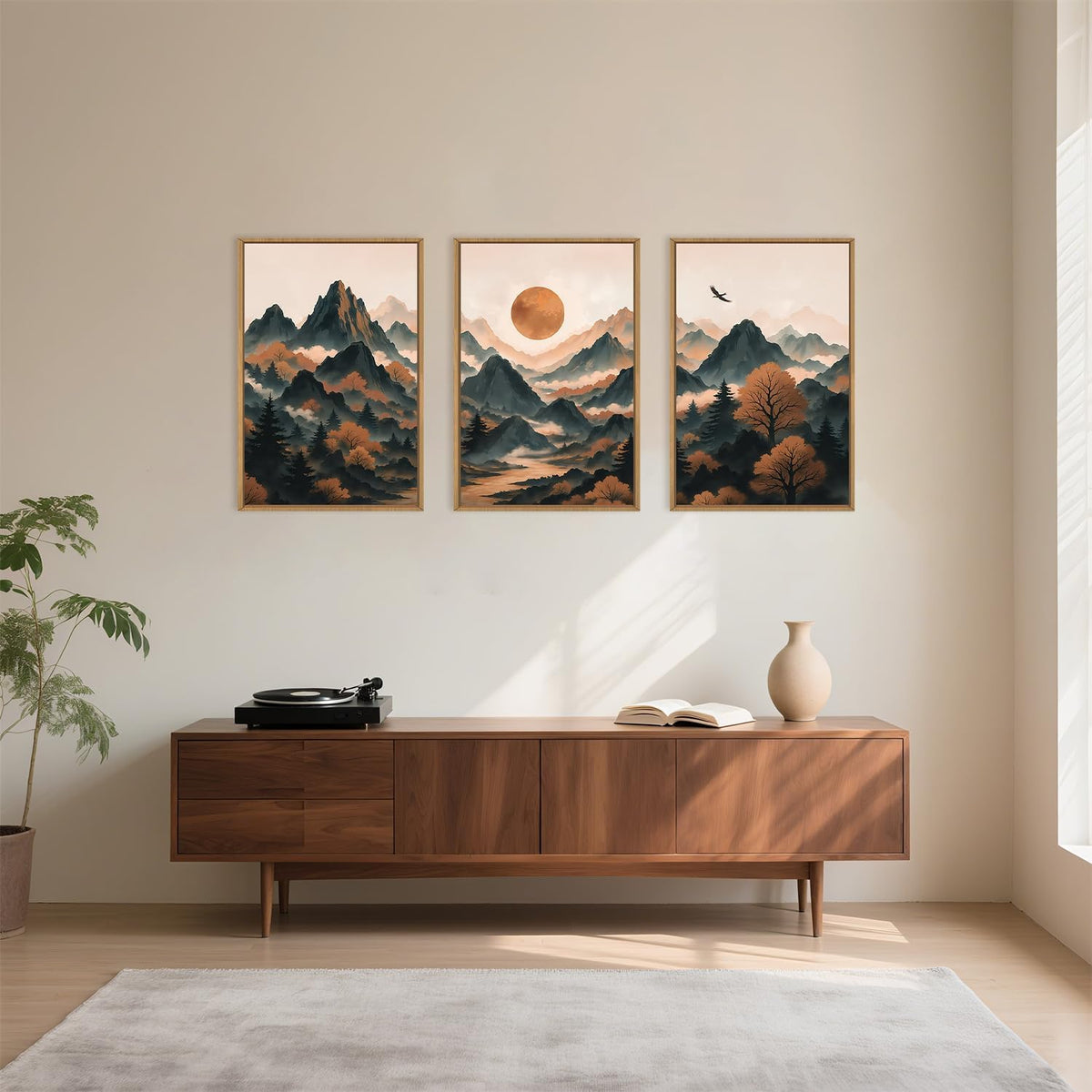 Celestdeco Large Boho Mountain Framed Canvas Wall Art Set, Brown Ridge Landscape Wall Decor, Pine