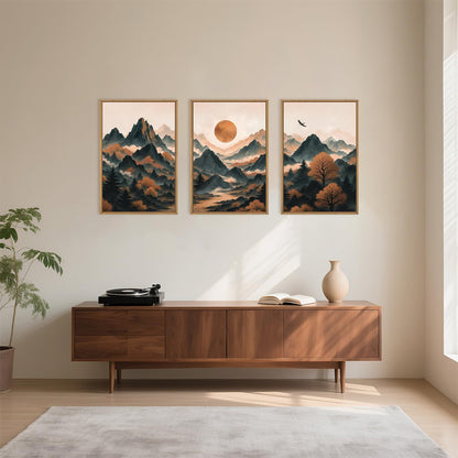 Celestdeco Large Boho Mountain Framed Canvas Wall Art Set, Brown Ridge Landscape Wall Decor, Pine