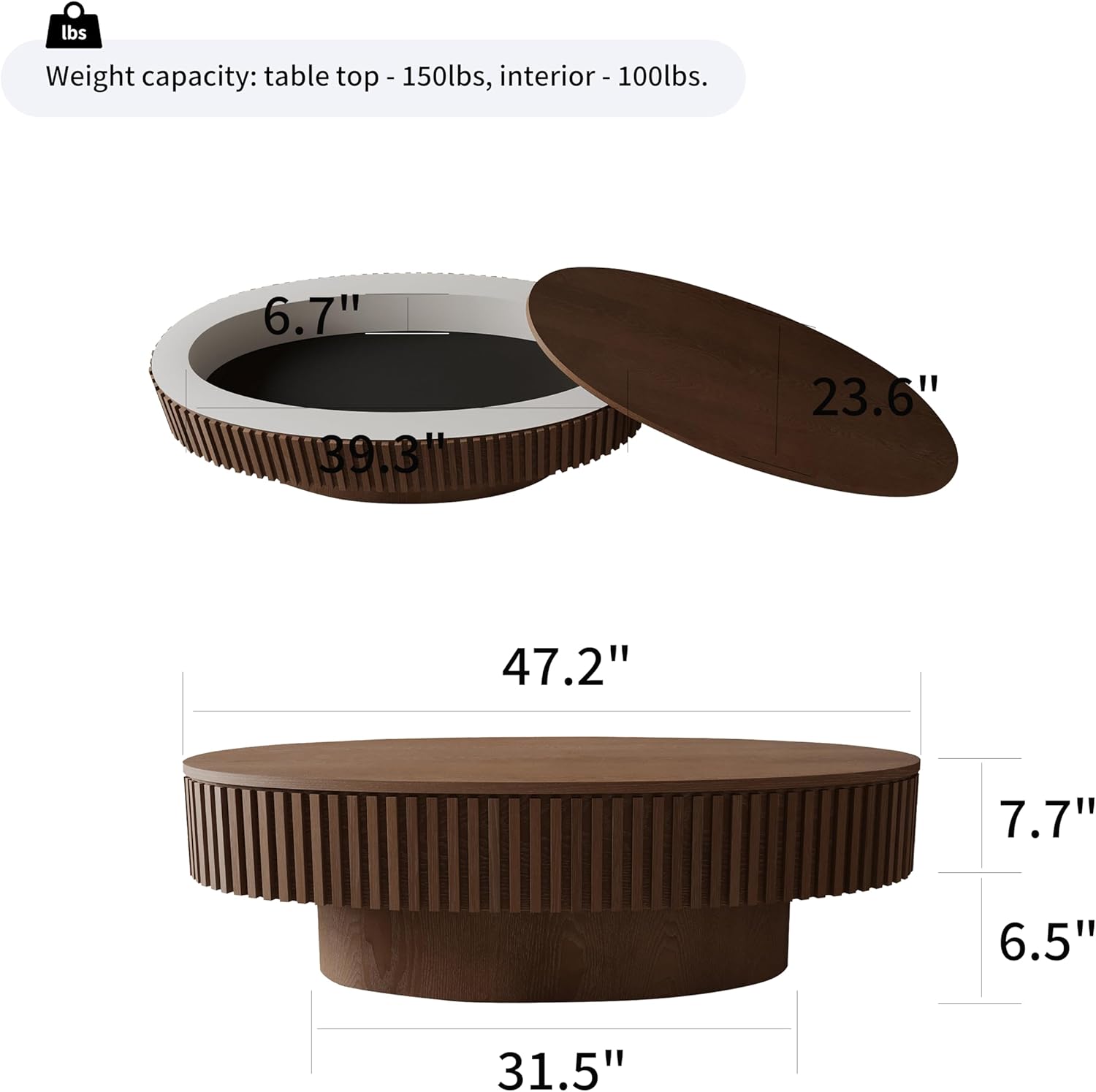 47.2''Oval Coffee Table with Storage, Mid Century Modern Fluted Drum Center Tables with Lid, Solid