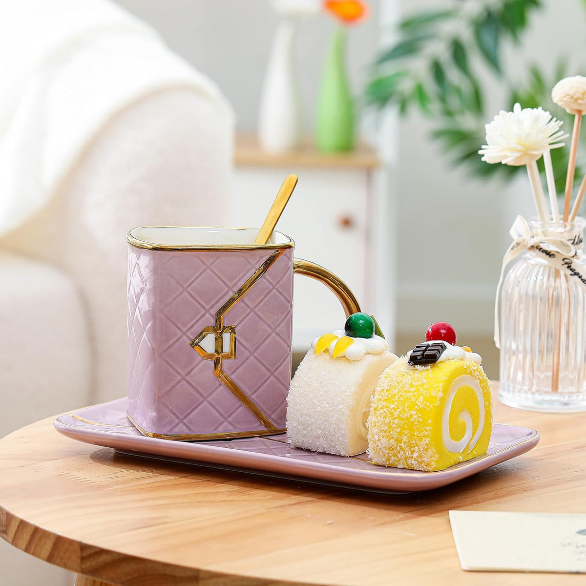 Zubebe 1 Set Coffee Mug Elegant Handbag Shaped Cup Modern Ceramic Purse Mug with Spoon and Saucer