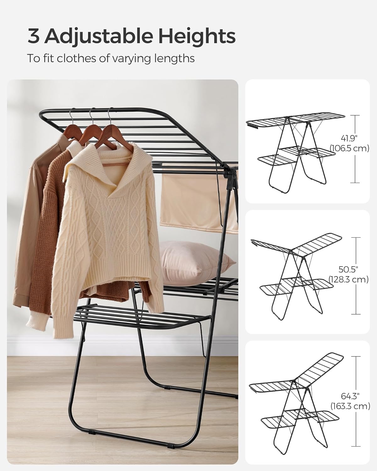SONGMICS Clothes Drying Rack, Foldable 2-Level Laundry Drying Rack, Free-Standing Laundry Airer
