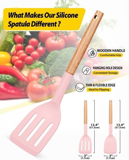 Pack of 2 Silicone Cooking Spatula, Heat Resistant Solid Turner, Non Stick Slotted Spatulas with