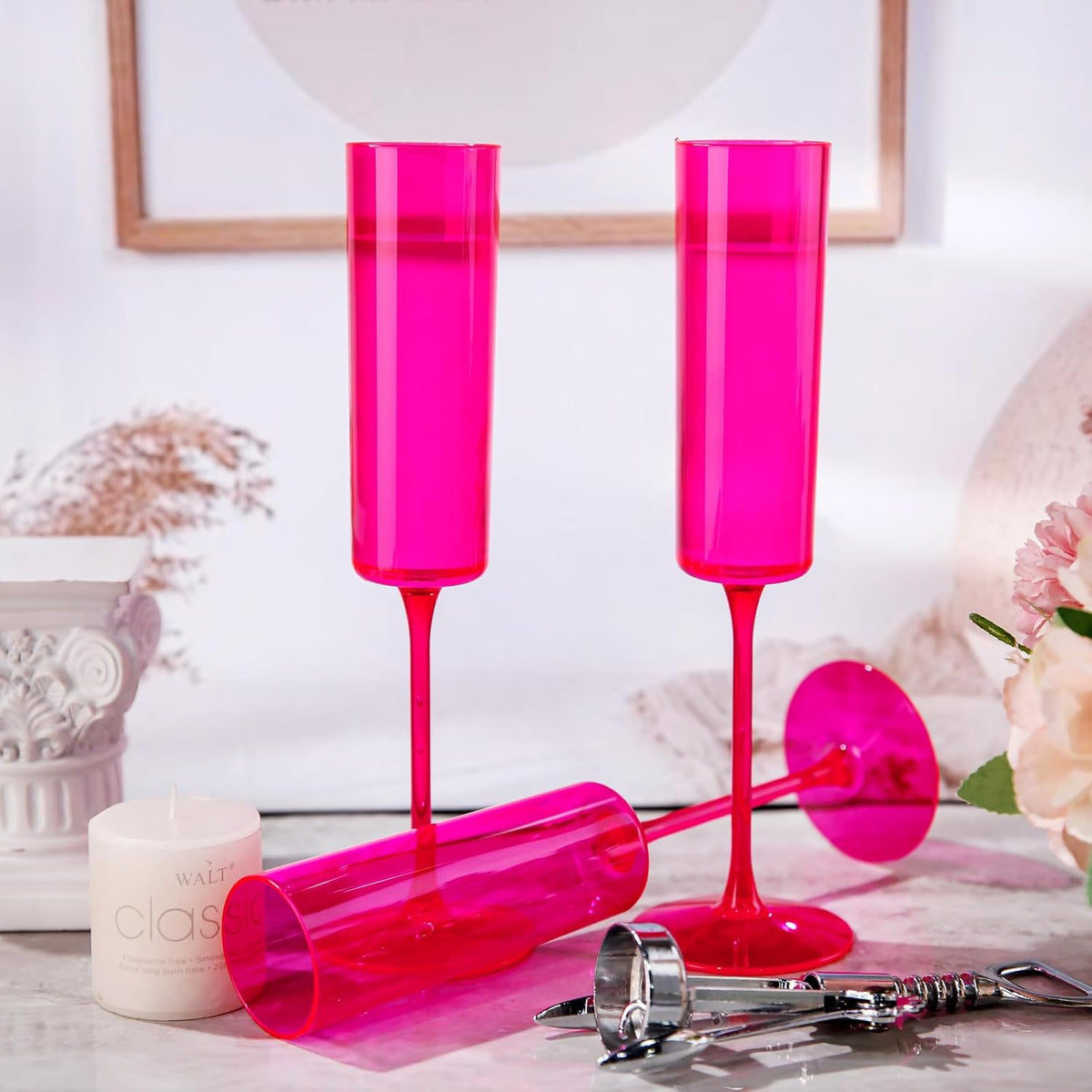 Ciaell 24 Pack Plastic Champagne Flutes - Hot Pink 6 Oz Disposable Champagne Glasses - Square