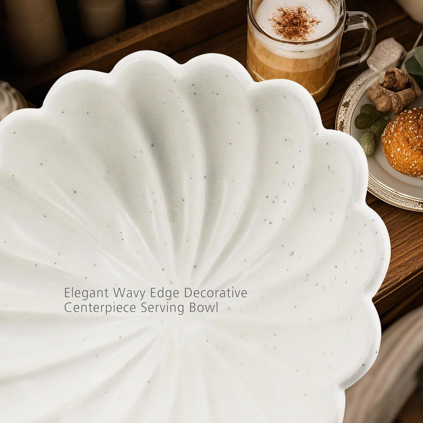 Large Fruit Bowl for Kitchen Counter-10.6" White Ceramic Fluted Scalloped Decorative Footed Bowl
