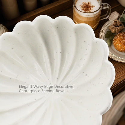 Large Fruit Bowl for Kitchen Counter-10.6" White Ceramic Fluted Scalloped Decorative Footed Bowl