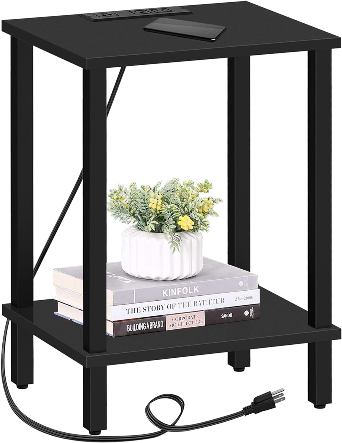 TUTOTAK End Table with Charging Station, Side Table with USB Ports and Outlets, Nightstand, 2-Tier
