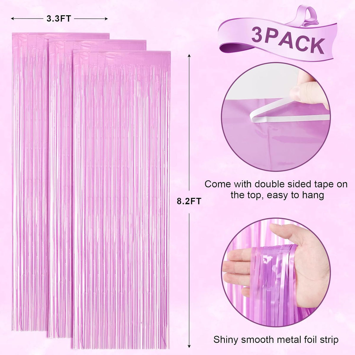 3 Pack 3.3 x 8.2 ft Pastel Purple Foil Fringe Backdrop Curtains, Tinsel Streamers Birthday Party