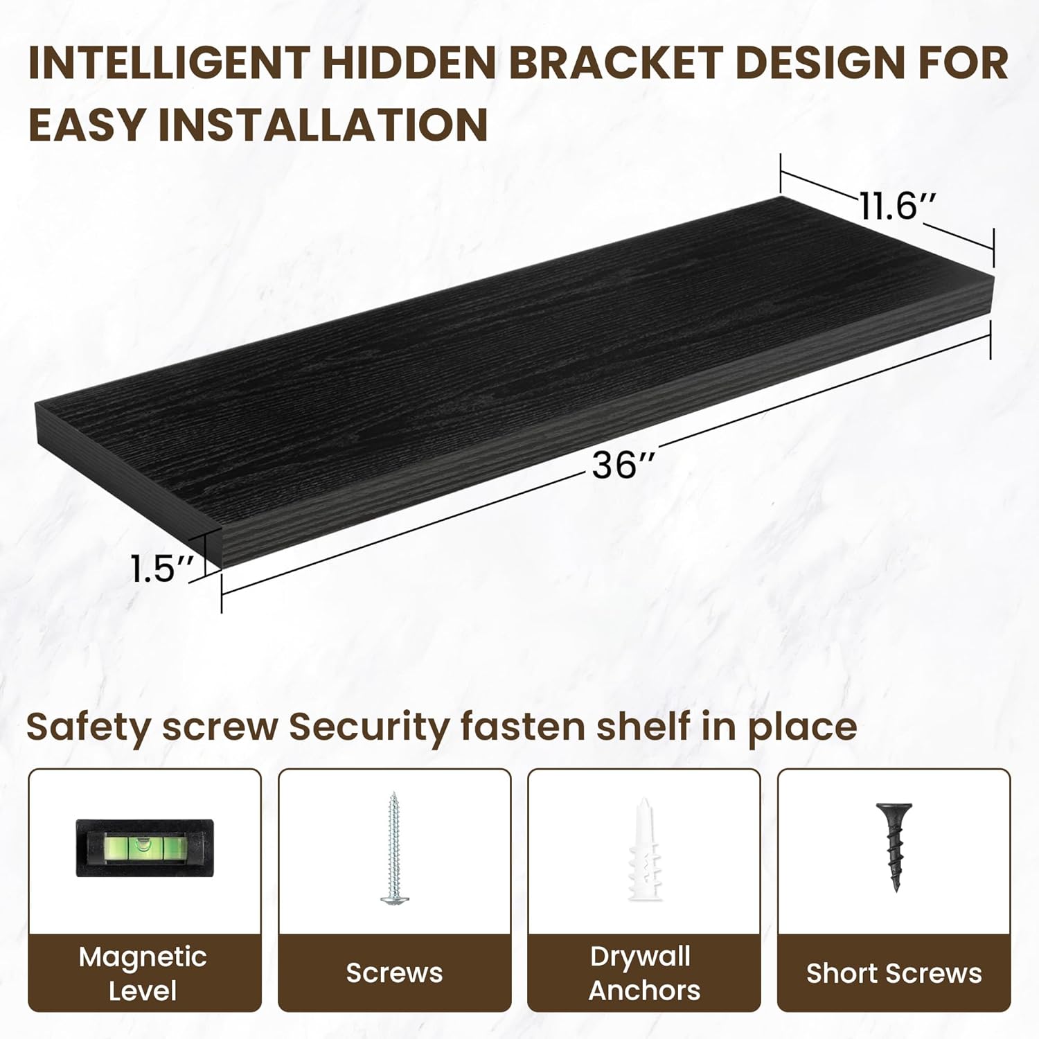 36 Inch Floating Shelves, 12 Inch Deep Floating Shelves for Wall, Floating Shelf with Invisible