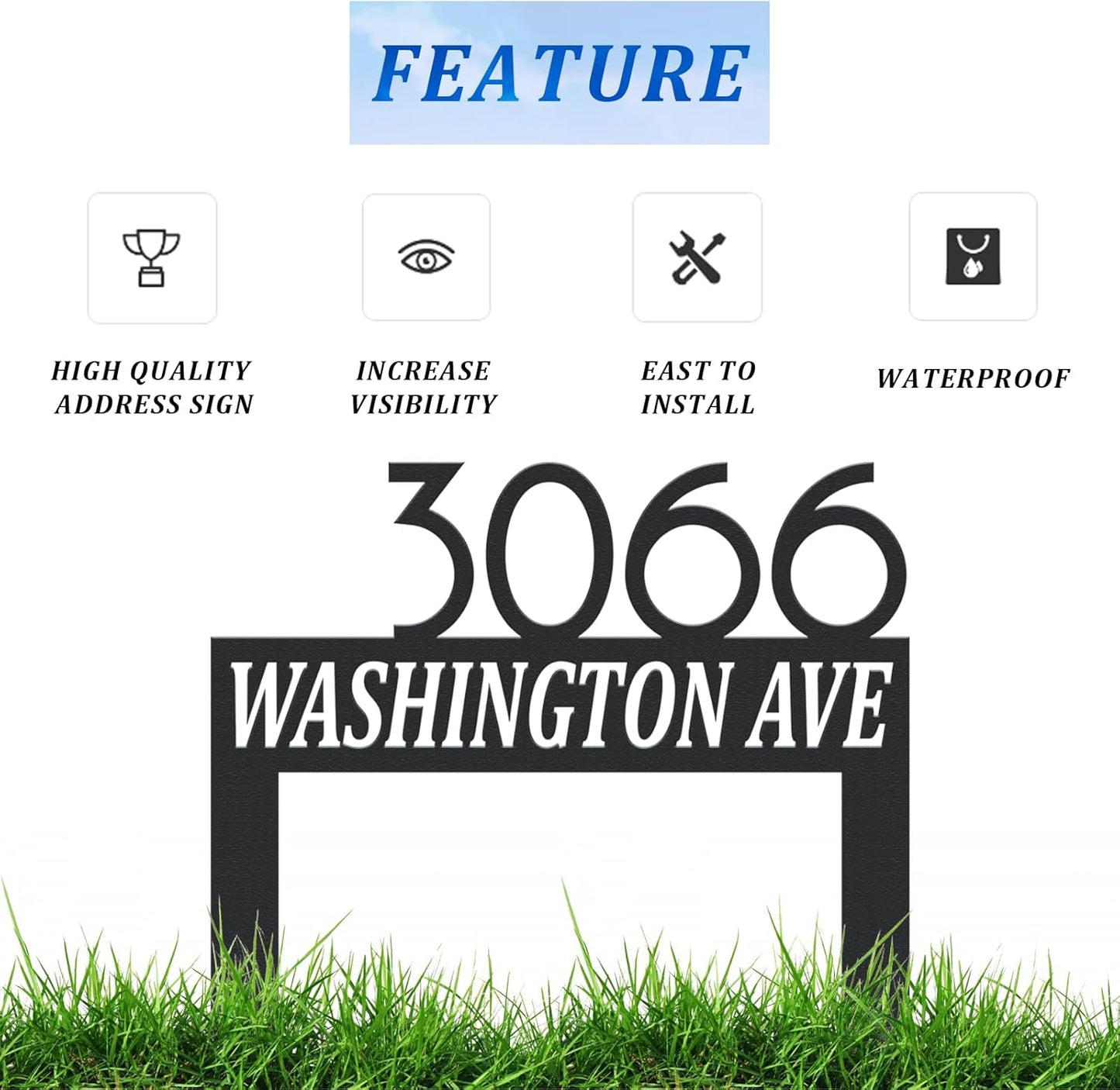 Personalized Modern Large Metal Address Sign for Yard, Custom House Number Sign Street Name Plaque