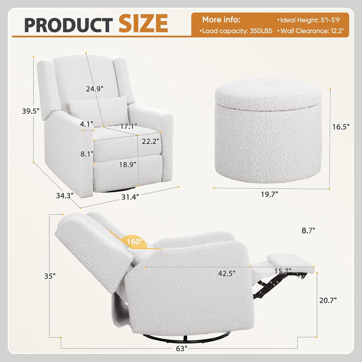 Power Recliner Chair Swivel Glider, Large Rocker Recliner w/USB Charging Port, Boucle Upholstered