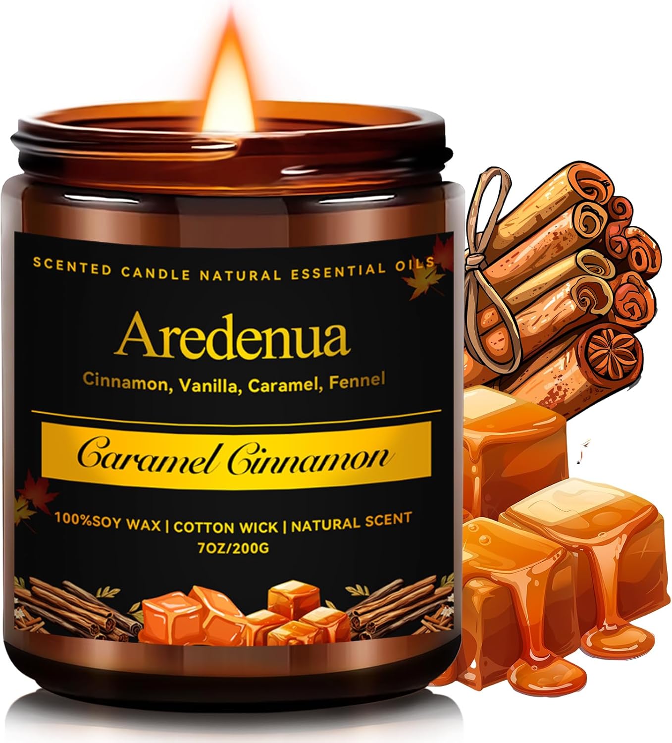 Caramel Cinnamon Candle - Fall Candle | Cinnamon Scented Candles for Autumn, 7oz Fall Soy Candles