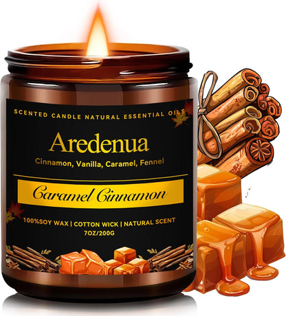 Caramel Cinnamon Candle - Fall Candle | Cinnamon Scented Candles for Autumn, 7oz Fall Soy Candles