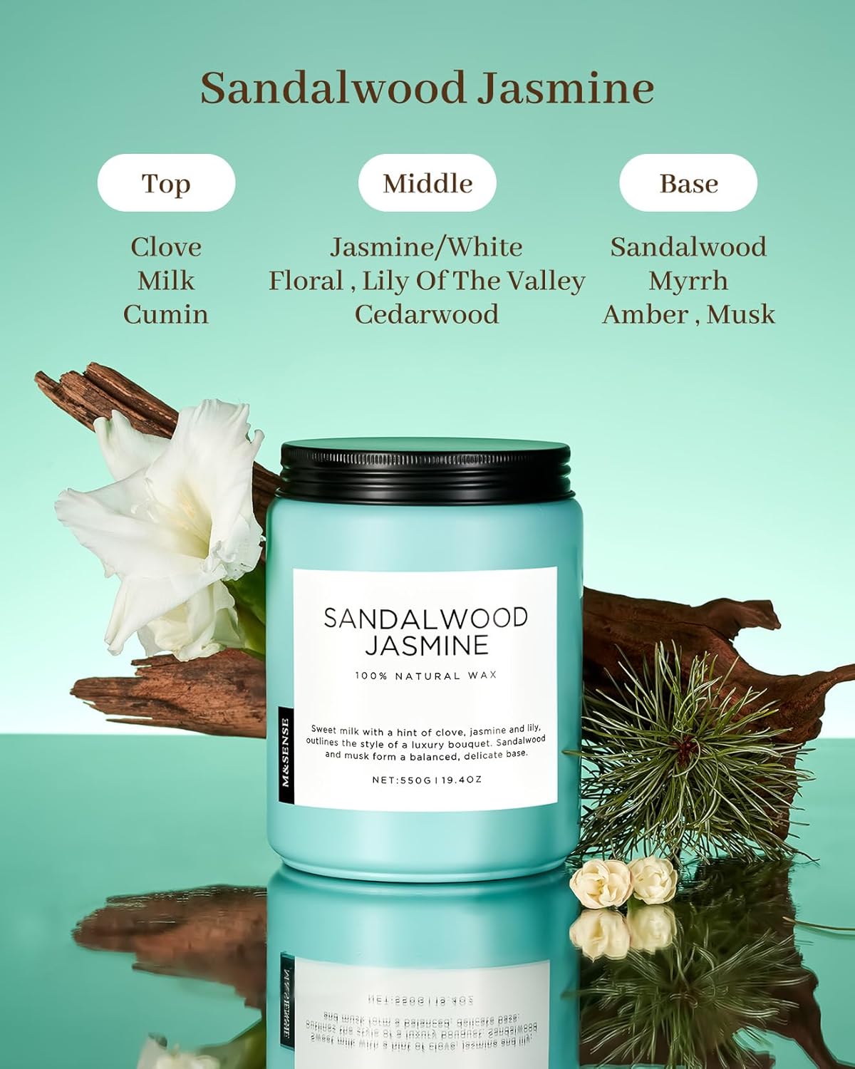 M&SENSE Sandalwood Jasmine Scented Candles, Large Soy Natural Long Lasting 19.4oz 110 Hour Burning