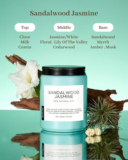 M&SENSE Sandalwood Jasmine Scented Candles, Large Soy Natural Long Lasting 19.4oz 110 Hour Burning