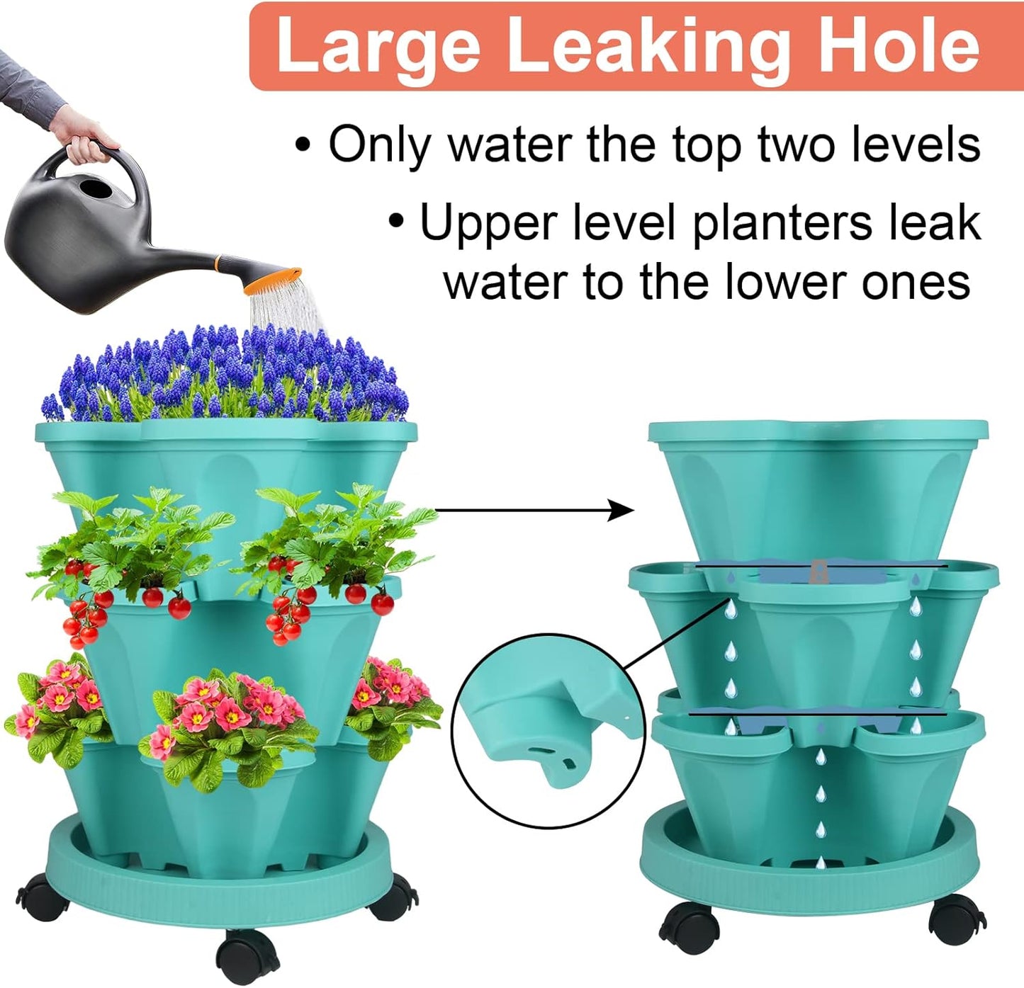 DUNCHATY Stackable Planter, Vertical Garden Planter with Wheels and Tools, Self Watering Strawberry