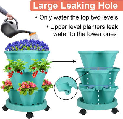DUNCHATY Stackable Planter, Vertical Garden Planter with Wheels and Tools, Self Watering Strawberry