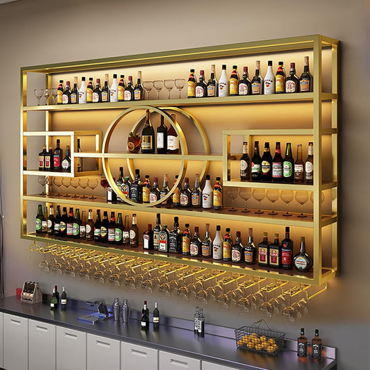 55.1in Wall Mounted Wine Rack, Modern Metal Wine Bottle and Glass Holder, Iron Display Stand