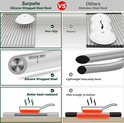 Surpahs Over Sink Foldable Multipurpose Roll-Up Dish Drying Rack, Silicone Wrapped Stainless Steel