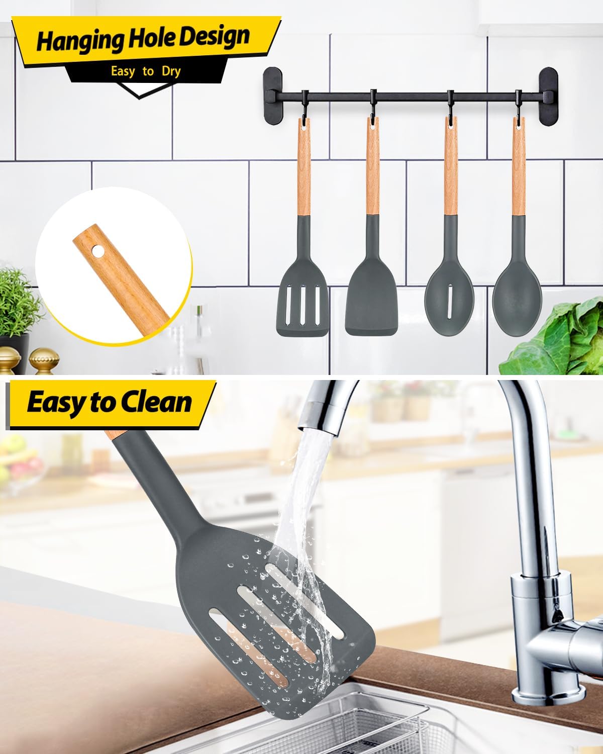 Pack of 4 Silicone Cooking Utensils Set, Non Stick Solid Spatulas and Heat Resistant Slotted Spoons