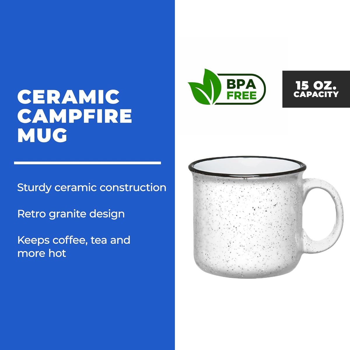 Set of 8 Ceramic Campfire Mugs – 15 Oz, White – Coffee & Tea Cups for Home, Work, Travel, Camping