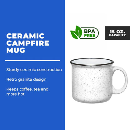 Set of 8 Ceramic Campfire Mugs – 15 Oz, White – Coffee & Tea Cups for Home, Work, Travel, Camping