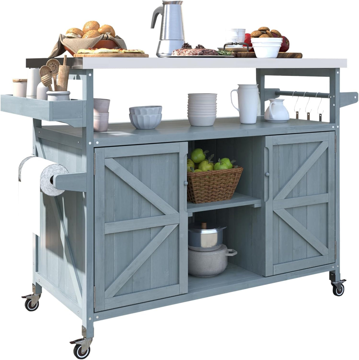 Outdoor Solid Wood Grill Table with Stainless Steel Top, Farmhouse Kitchen Island with Storage