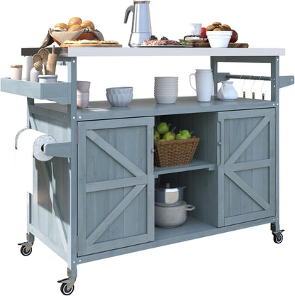 Outdoor Solid Wood Grill Table with Stainless Steel Top, Farmhouse Kitchen Island with Storage