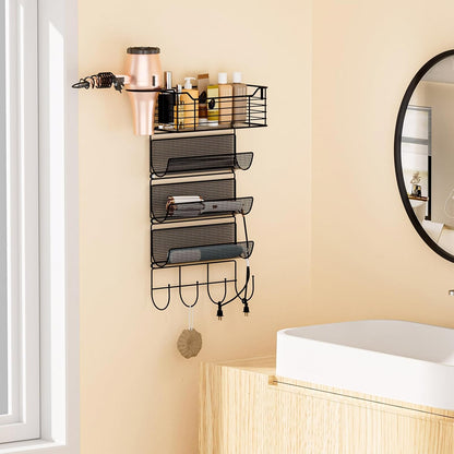 VITVITI Metal Hair Tool Organizer Wall Mount, Hair Dryer Holder with 4 Tier Shelf Basket Hooks